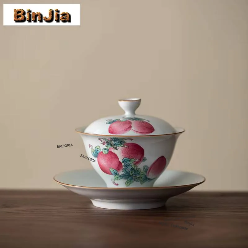

110ml Antique Blue Longevity Peach Gaiwan Retro Tea Tureen Tea Bowl With Lid Kit Tea Brewing Cover Bowl Tea Ceremony Collection