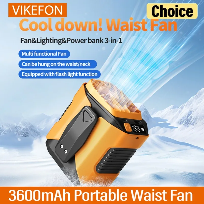 

Портативный поясной вентилятор 3600 мАч, перезаряжаемый, с креплением на шею, персональный, с клипсой для ремня и LED-фонариком для кемпинга на природе