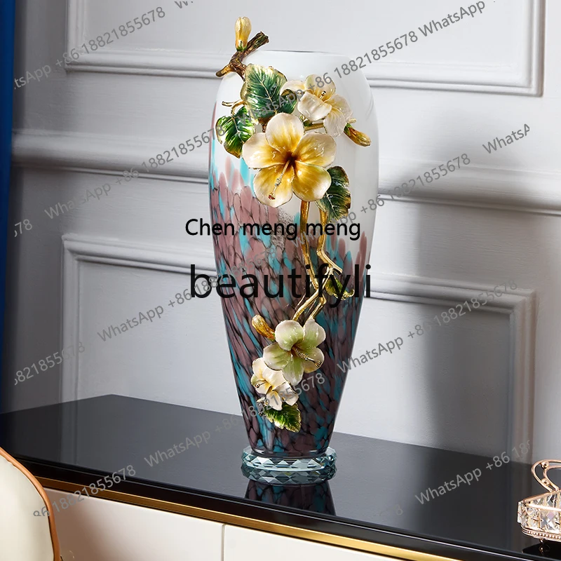 Light luxury high-end enamel colored glass vase ornament, living room entrance flower arrangement Chinese home decoration