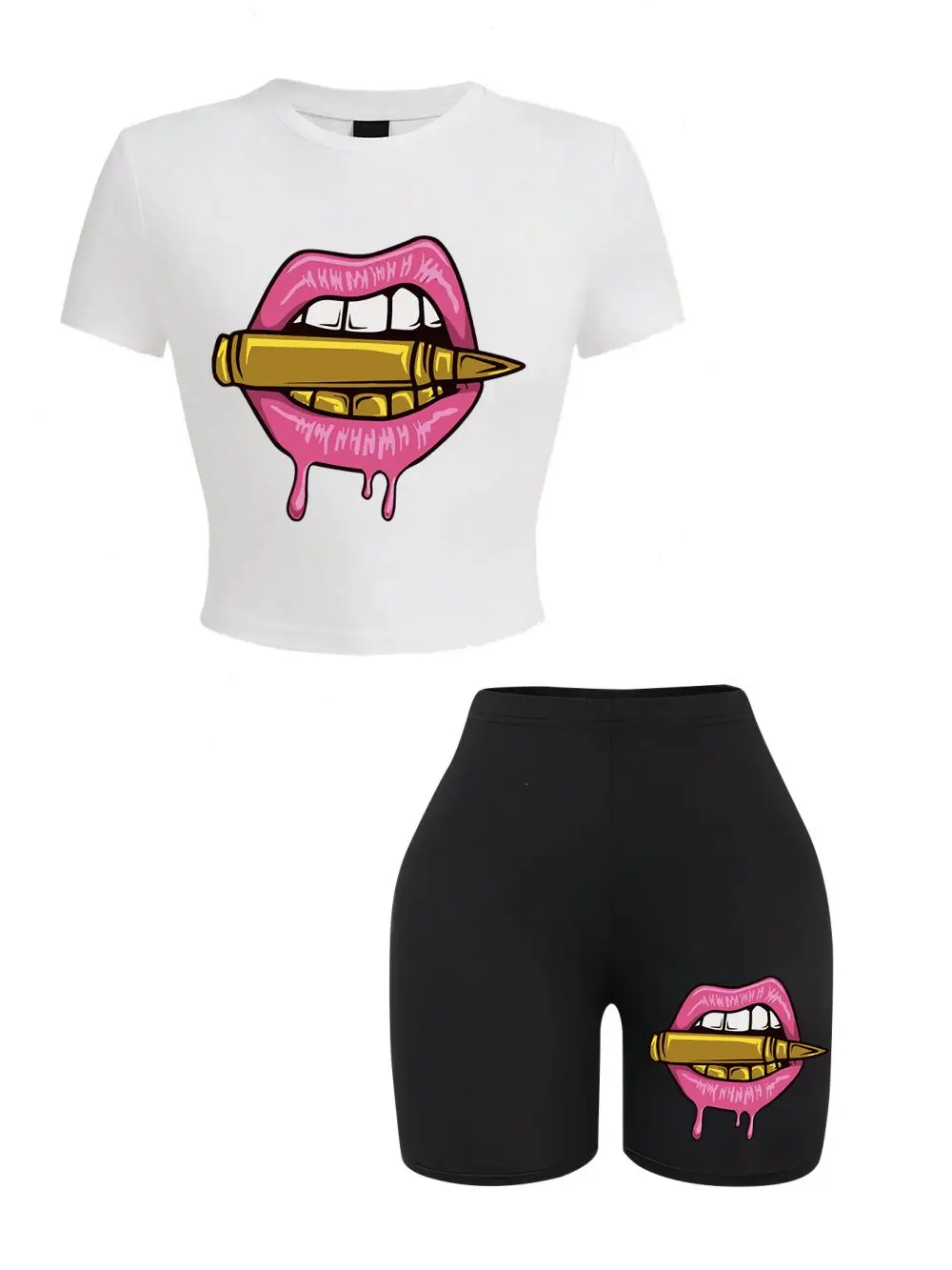 

Women Slim-fit Crop T-Shirts & Shorts Two Pieces Set Pink Sexy Lips Prints Short Sleeve Tops Fashion High Elastic Soft Clothes