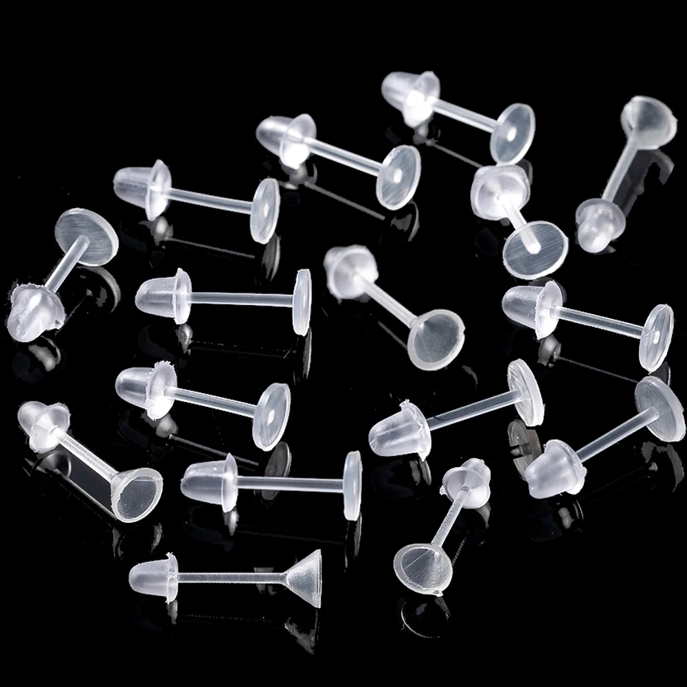 500/1000pcs Plastic Invisible Clear Stud Earrings Blank Pins with Silicone Back for DIY Sensitive Ears Jewelry Making Findings