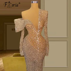 Gold Champagne Mermaid Luxury Dubai Evening Dresses See Through Long Sleeve Beaded Sequin Arabic Women Party Gown Robe de mariée