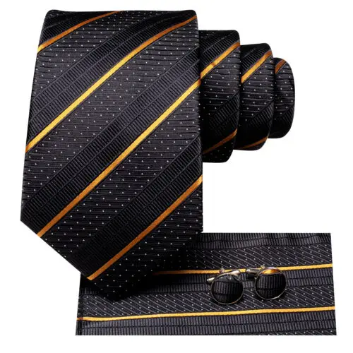 Hi-Dasi Bergaris Hitam Emas Dasi Merek Fashion Pesta Pernikahan Dasi Set Handky Kancing Manset Hadiah Grosir Hi-Dasi Desainer