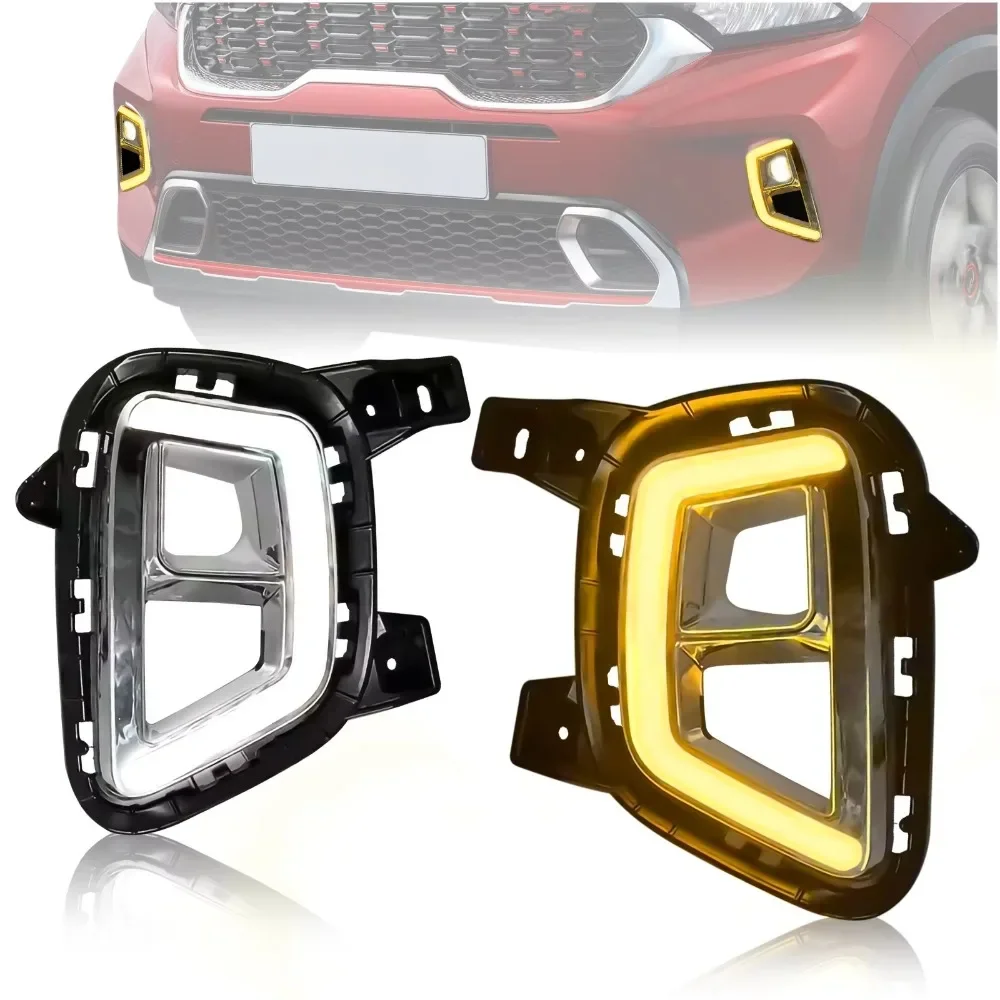 Car Led Daytime Running Light Yellow Turn Signal White Daylights 12V Front Fog Light Modification DRL for KIA SONET 2020 2021