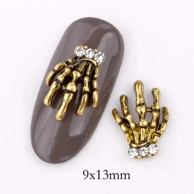 10pcs retro gold silver hand skeleton design nail ornaments, set charm rhinestone DIY nail accessories QB050-051