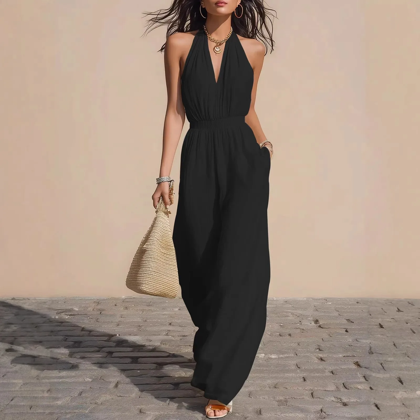 For Woman Jumpsuit V Neck Sleeveless Elastic Waist Romper High Waist Full Length Pockets Burgundy Blue Wide Leg