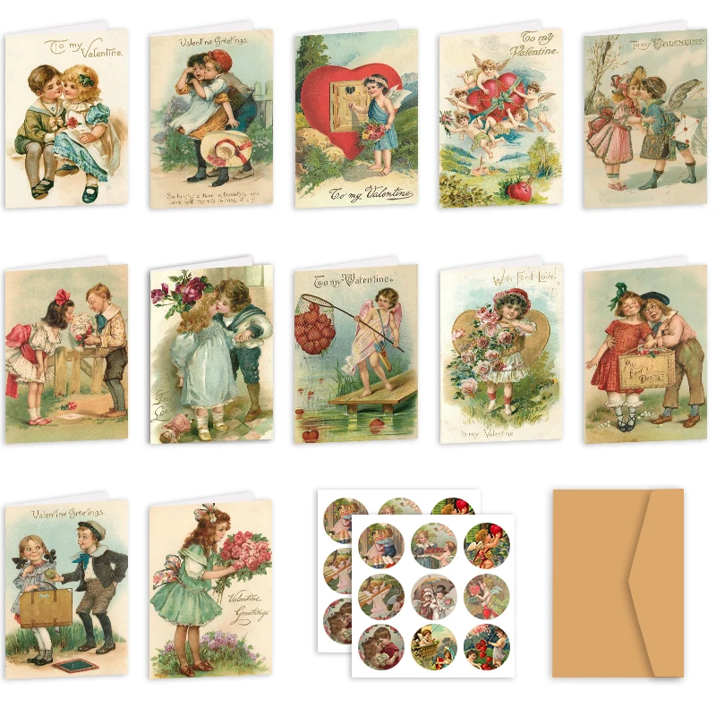 26Pcs/set Vintage Valentine's Day Greeting Card Cute Couple Invitation Card With Envelope Sticker For Valentine's Day Wedding