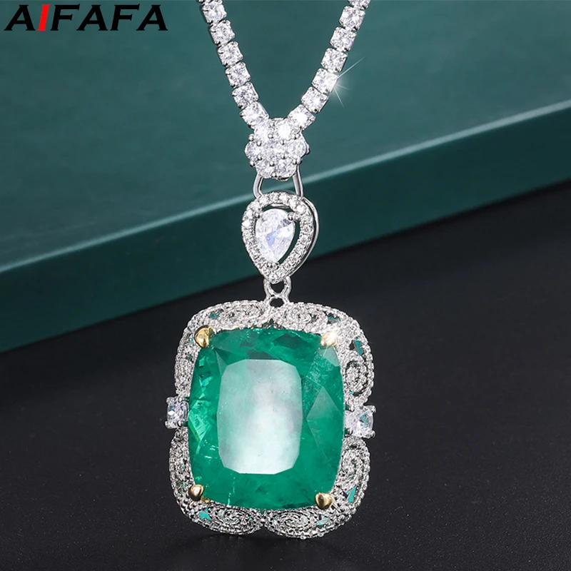 

Stunning Paraiba Green Pendant Necklace 20*23mm 5A Garde Synthetic Emerald with Full Stone Chain Fashion Accessories Jewelry