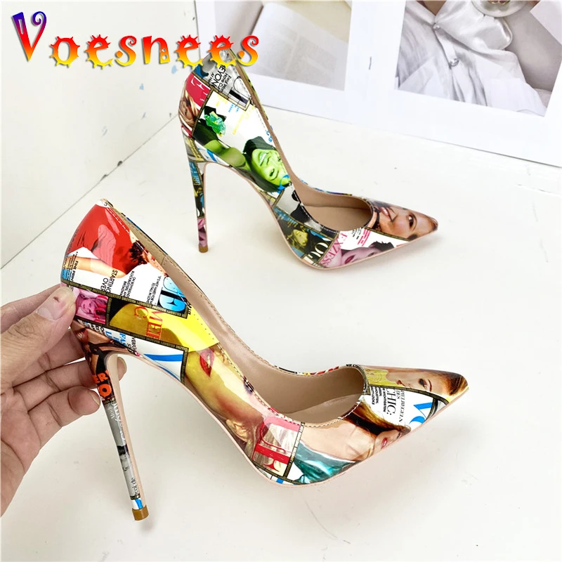 

Europe And America Style Printing Pumps Women New 2023 Fashion Brand High Heels Sexy Pointed Toe 12CM Stiletto Party Dress Shoes