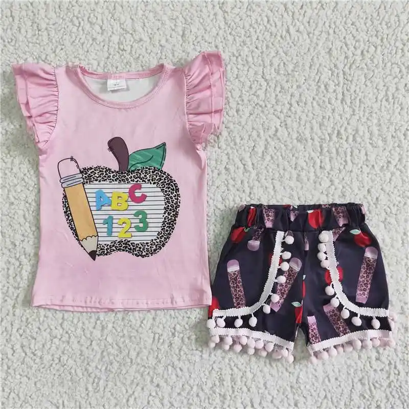 Back To School Learn Book Baby Girls Apple Print Shorts Outfit Fashion Summer Clothes Boutique Wholesale Baby Clothing