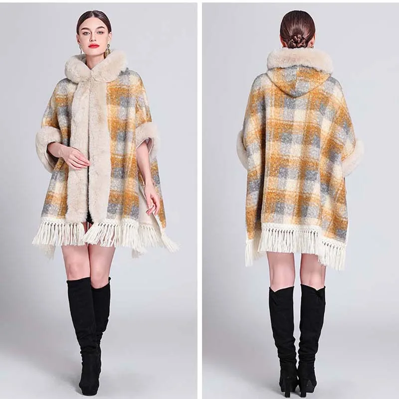 Winter New Imitate Lamb Wool Faux Fur Cape Coat Hood Fashion Long Cloak Women Party Dress Wraps Warm Overcoat Loose Batsleeves