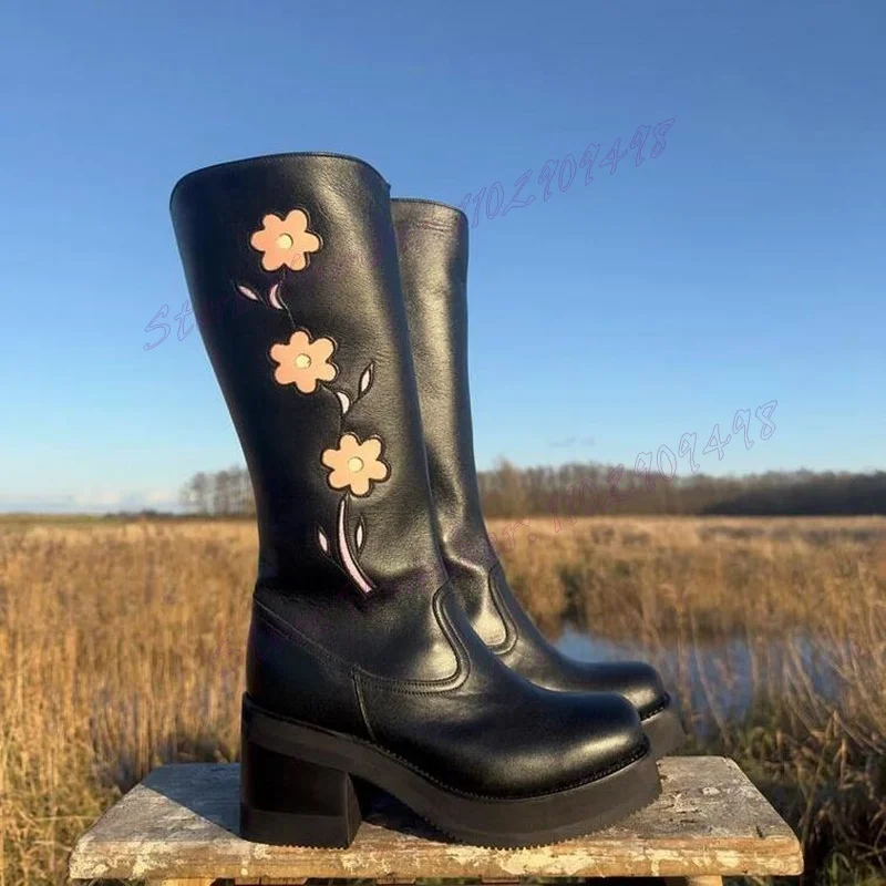 Botas de plataforma con bordado de flores rojas Para mujer, Zapatos de media caña con punta redonda, de cuero mate, tacón grueso, 2024