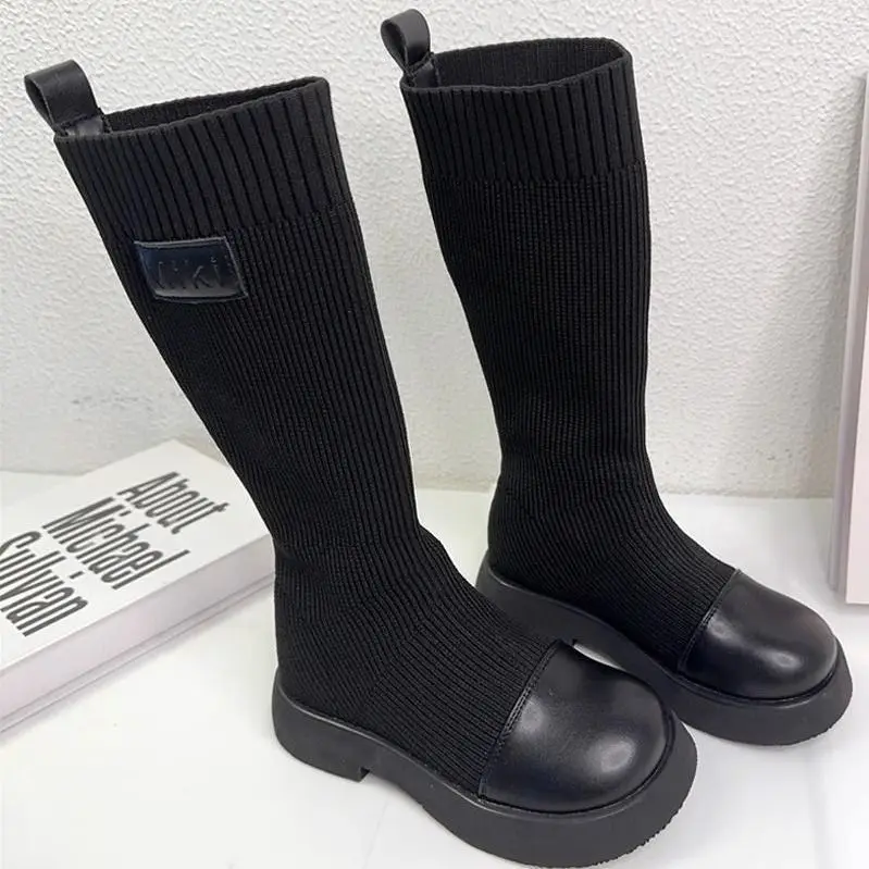

Children Fashion Boots Round Toes Soft Sole Kids Long Boots Black Trendy 2025 Autumn Girls Weave Boots Non-slip Versatile