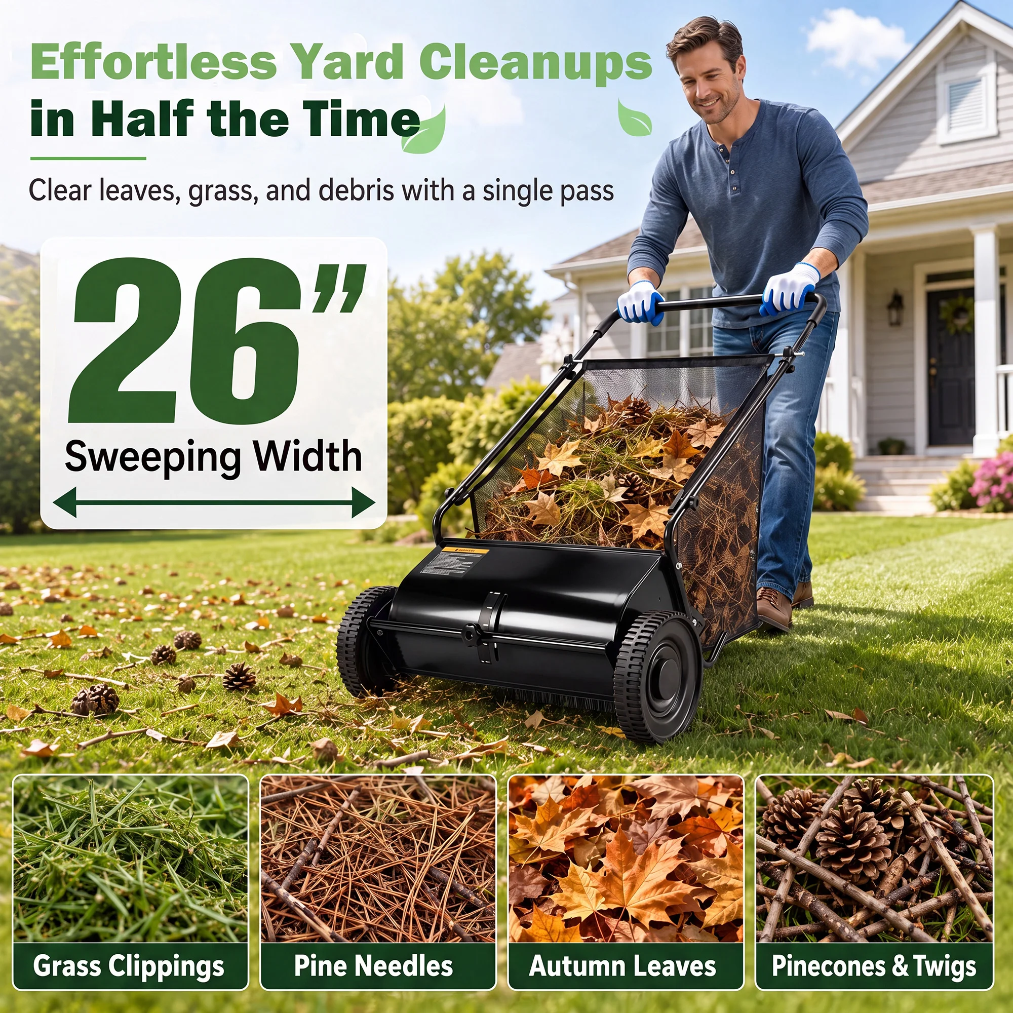TCGBKAF 26 Inch Push Lawn Sweeper, Black Metal Frame Yard Sweeper with Adjustable Height Brush, 8 Cuft Hopper Bag, Manual Lightweight Leaf Collector for Grass Clippings & Artificial Turf Garden Tool