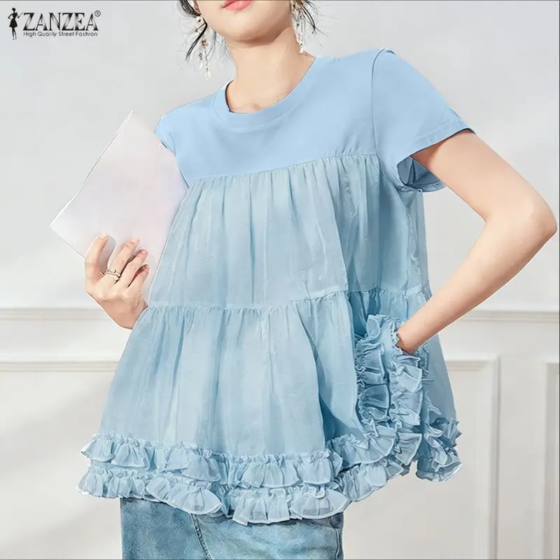 

Stylish Summer Ruffled Blouse ZANZEA Women Tops Elegant O Neck Short Sleeve Work Shirt Female Transparent Holiday Tunic Blusas