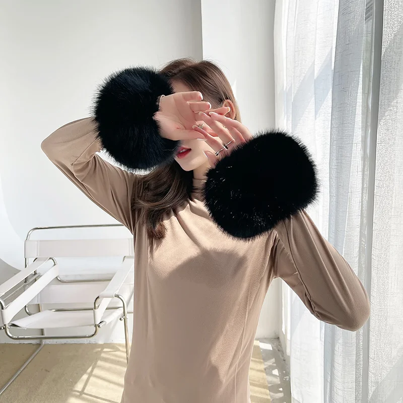 Winter Faux Fur Cuffs Arm Warmer Lady Bracele Women\'s Coat Wrist Warmer Cuffs Faux Fur Wristband For Woman Black Fur Cuffs