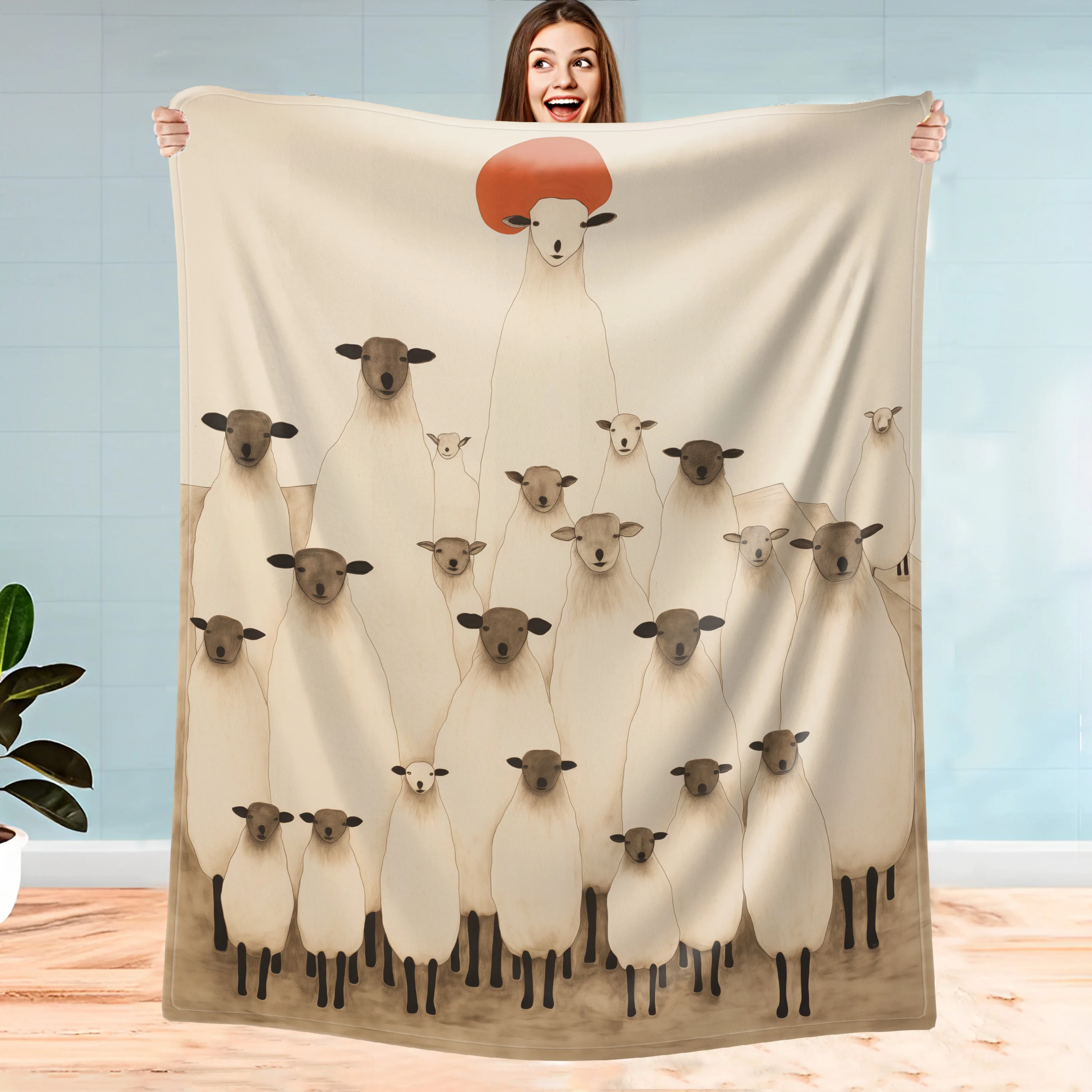 Cute Painted Lamb Blanket Artistic Animal Pattern Soft Cozy Warm Throw for Bed Sofa Nap Office Travel Gift