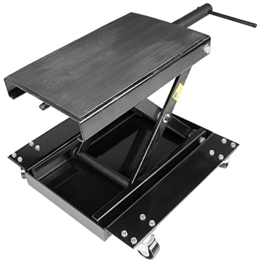 

Motorcycle Jack Center Scissor Lift Floor Jack for Dirt Bike Maintenance, Steel Construction, Black, 1100lbs Capacity with Whee