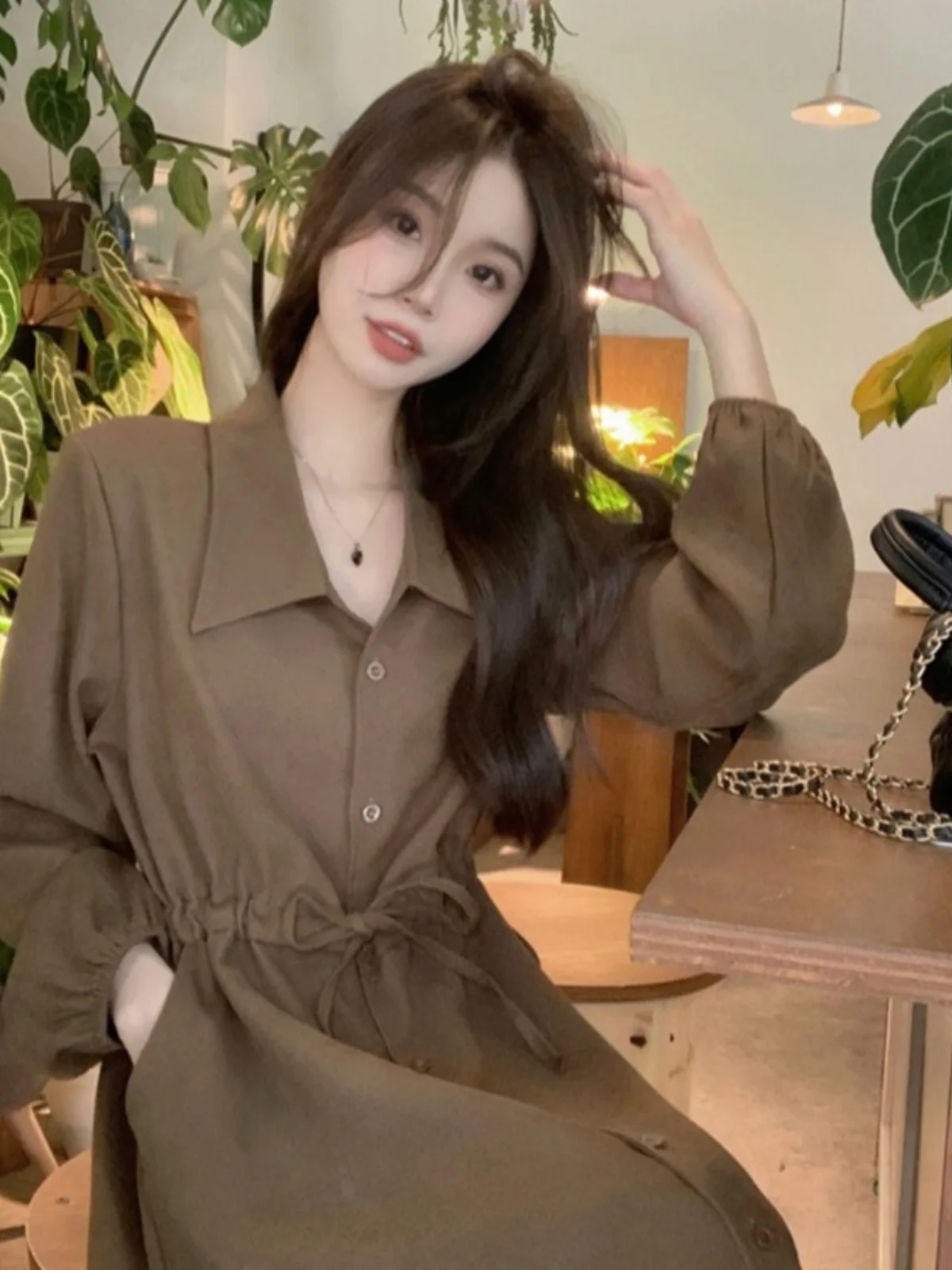 

Chic Long Sve A-Line Dr Women's Autumn Sle Slimming Waist Design Korean Version Commute Gored Skirt Single Piece