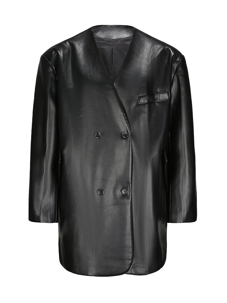 IAMCPLUS オーバーサイズ ミドル丈 レザー ジャケット ダブルブレスト カラーレス ワイドスタイル レディース ファッション 秋冬コート