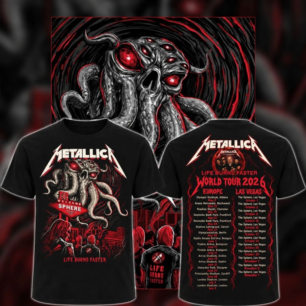 Metallica Life Burns Faster World Tour 2026 T-shirt Front Back Print Octopus Monster Las Vegas Sphere Graphic Tee Heavy Metal