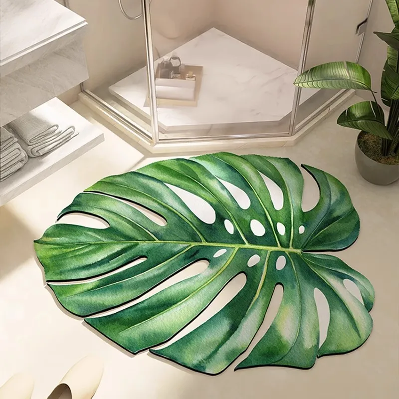 Modern Floral Door Mat Green Plant Bathroom Floor Mat, Bathroom Absorbent Floor Mat Household Irregular Door Mat Area Rug