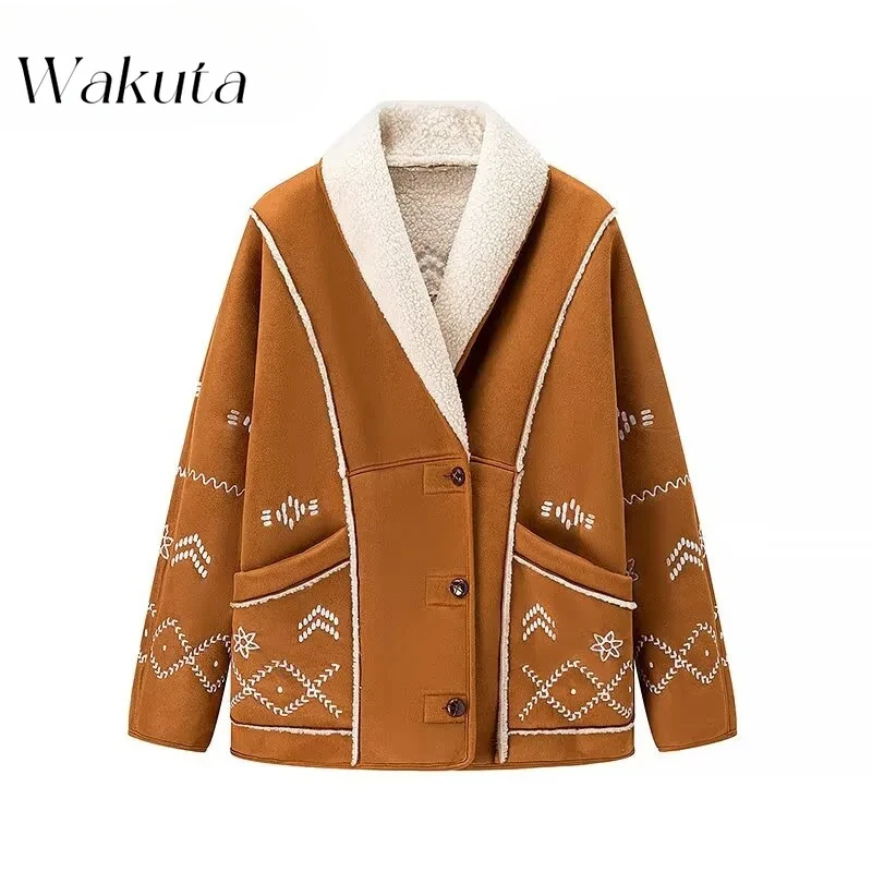 WAKUTA Retro Autumn/Winter Lapel Long-sleeved Printed Jacket Casual Splicing Color Collision Lamb Wool Gingerbread Man Jackets