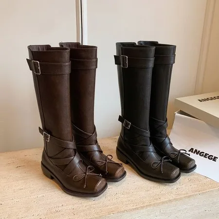 

New Women's Brown/Black Knee High Boots Retro Cross Strap Bow Decor Buckle Detail Chunky Sole Casual Style Fashion Daily Boots