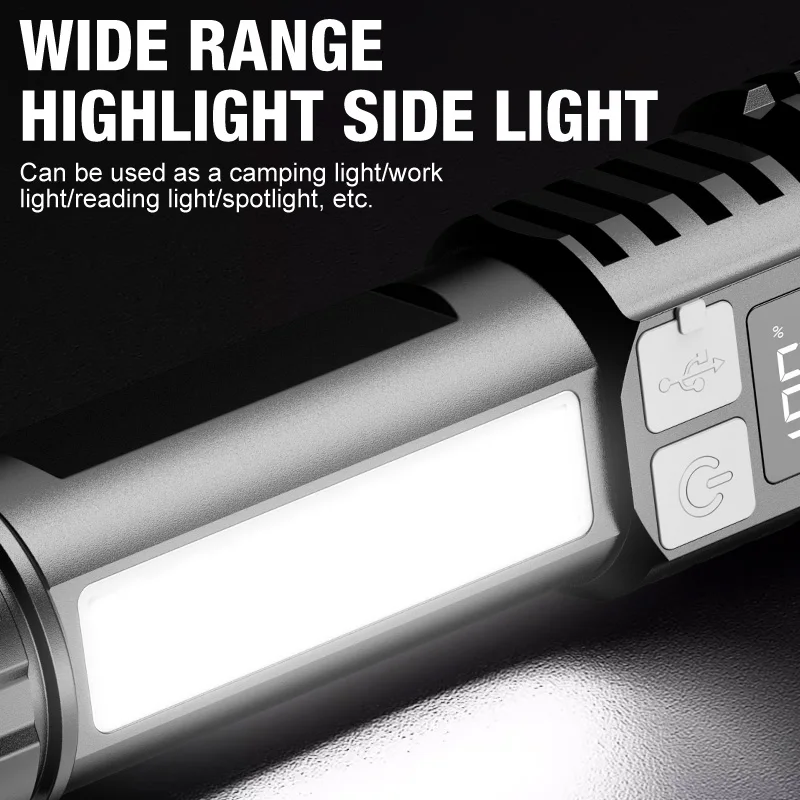 High Power LED Flashlight Powerful TYPE-C Rechargeable COB Flashlight With Side Light Torch For Outdoor Camping Hiking