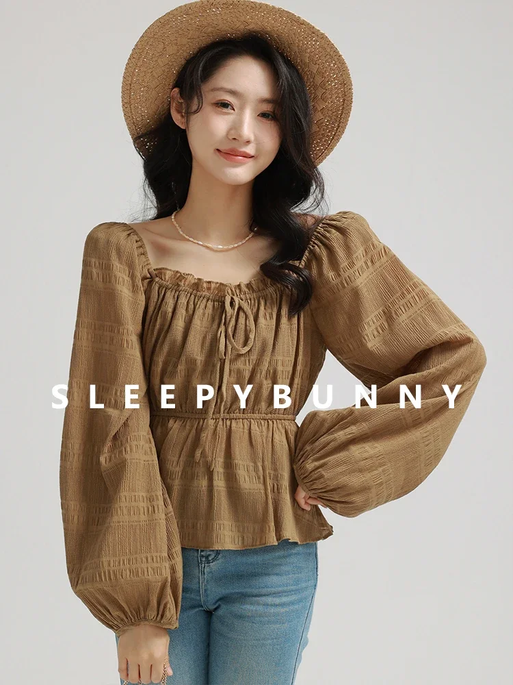 Women Hong Kong Style Early Spring Lantern Sleeve Shirt 2025 Square Neck Waist-Cinched Pleated Blouse Casual Chic Sweet Top