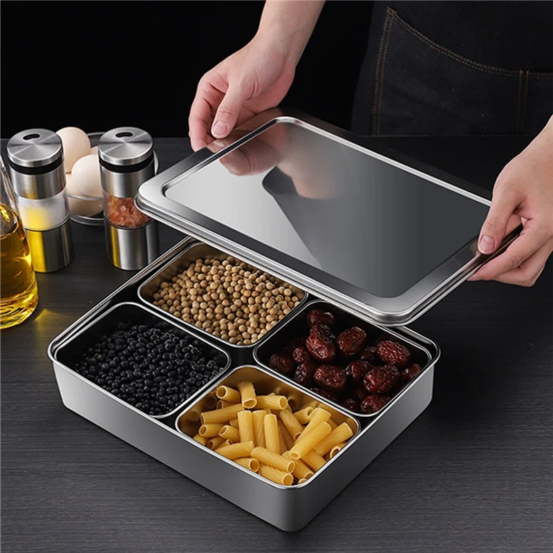 4 Grids Stainless Steel Seasoning Box with Lid Rectangle Hotel Household Spice Organizer Multifunction Kitchen Gadget