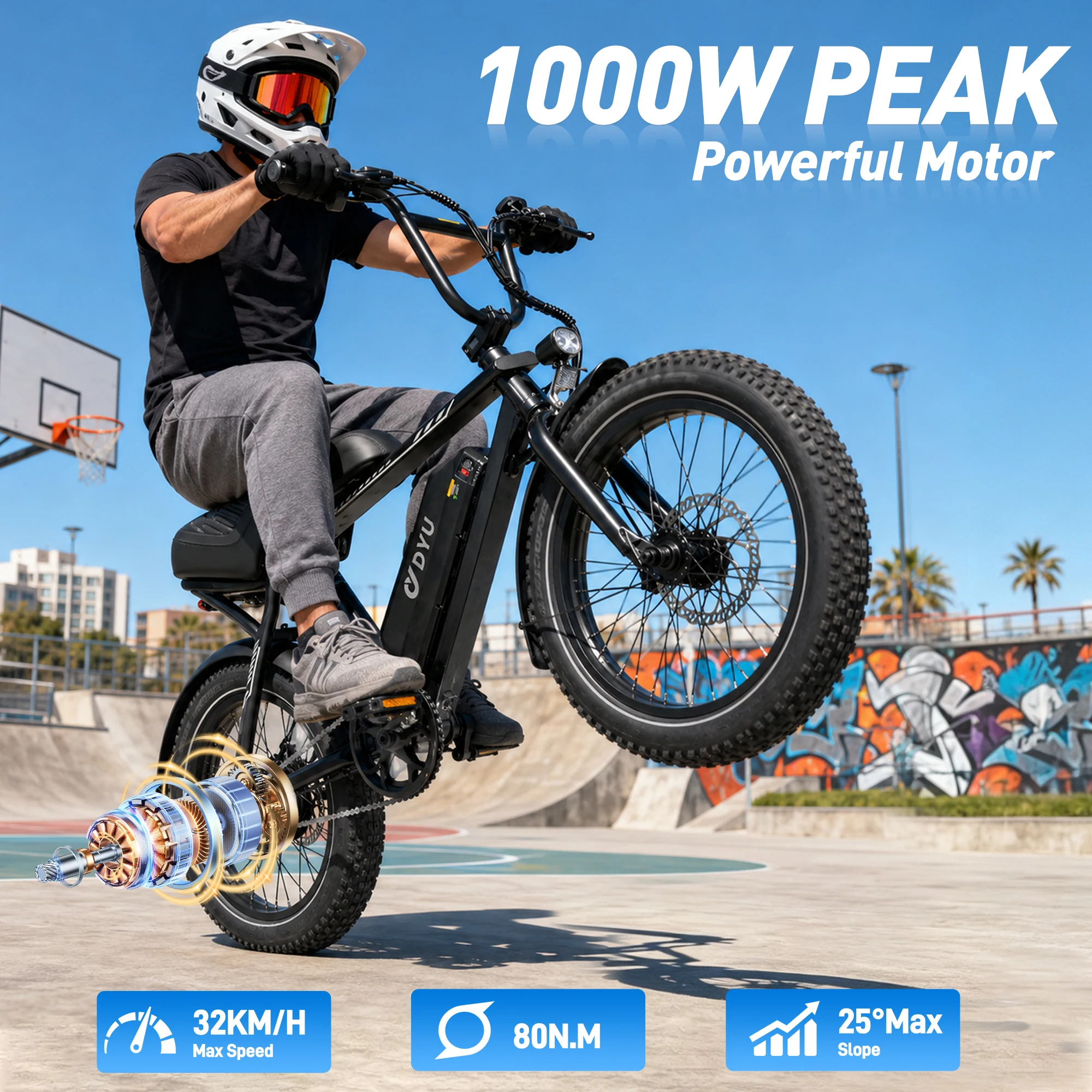 DYU BMX 20*3.0 Fat Tire Electric Bike E-Bike 624Wh Removable Battery 1000W Peak Motor Mountain Electric Bicycle for Adults