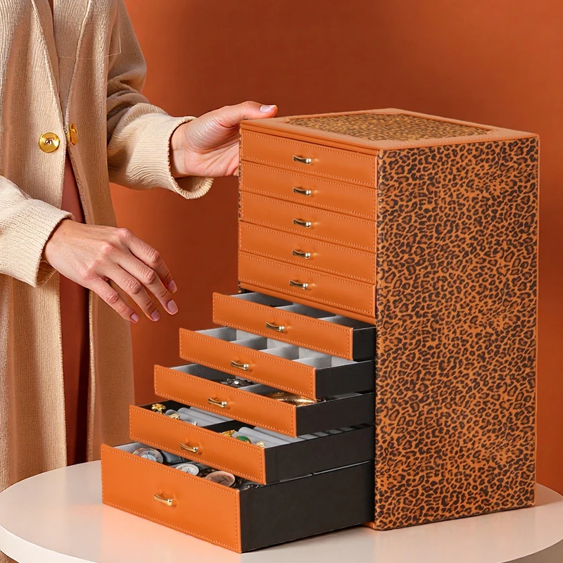 Large Jewelry Organizer with 10 Drawers Leopard Print Jewelry Storage Box Accessory Collection Display for Ring Earring Necklace