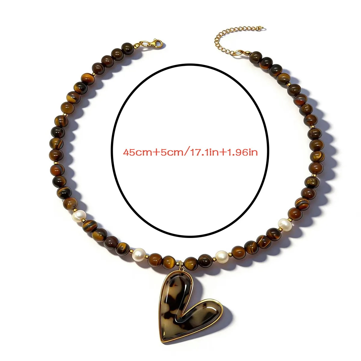 Bohemian Vintage Round Bead Heart Pendant Necklace for Women Ethnic Pearl Holiday Leopard Print Acrylic Jewelry Accessories