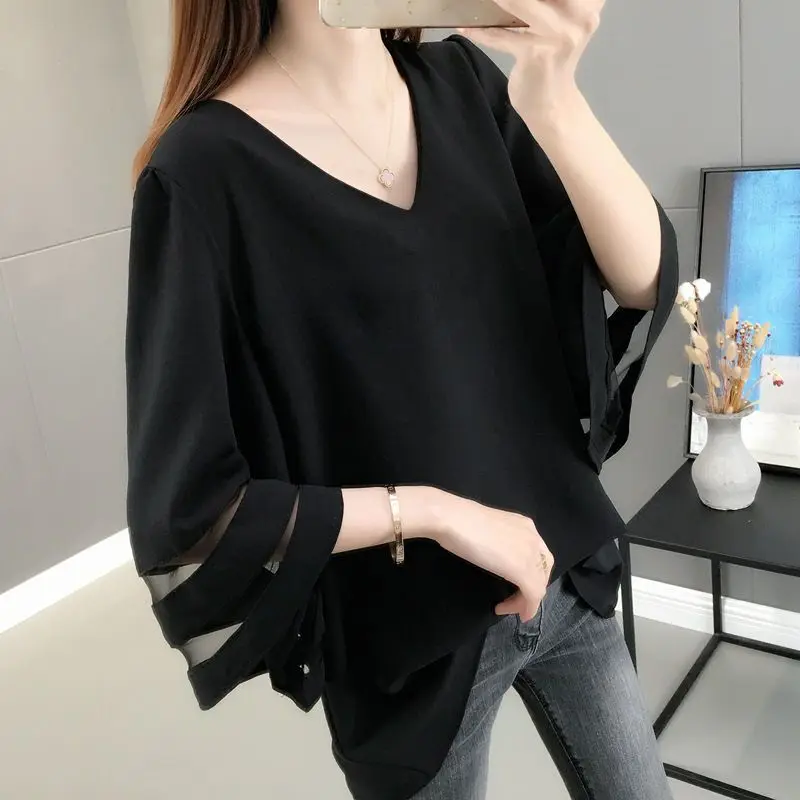 

Hollow Out White Loose Shirt Tops Summer New Half Sleeve Solid Color V Neck Thin Chiffon Blouse Fashion Casual Women Clothing