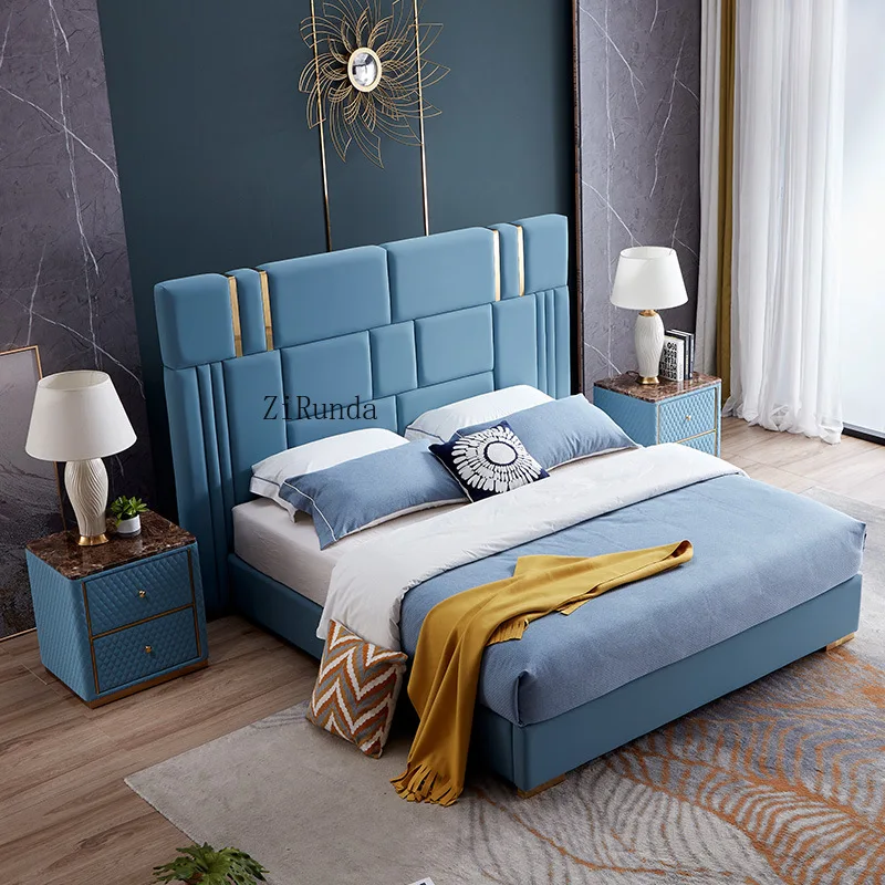 Modern high quality double blue bed frame extra large matte leather massage feature luxury adult bedroom furniture