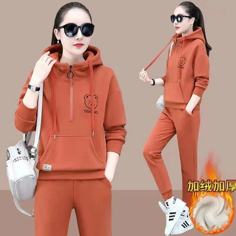 Korean Hooded Sweatshirt Pantsuit Autumn Winter Plus Velvet Thick Casual Tracksuit Women Outfits Jogging Sportswear 2 Piece Set