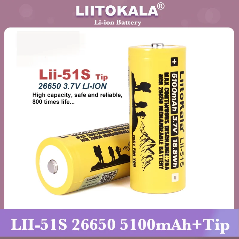 1-10PCS Liitokala LII-51S 26650 20A 3.7V Power Rechargeable Lithium Battery 26650A 5100mA Suitable For Flashlight (NO PCB)