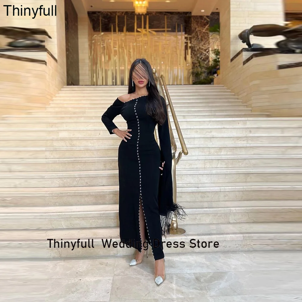 

Thinyfull Arabic Elegant Mermaid Prom Dress One Shoulder Long Sleeves Evening Party Dress Split Formal Event Gown Robe De Soirée