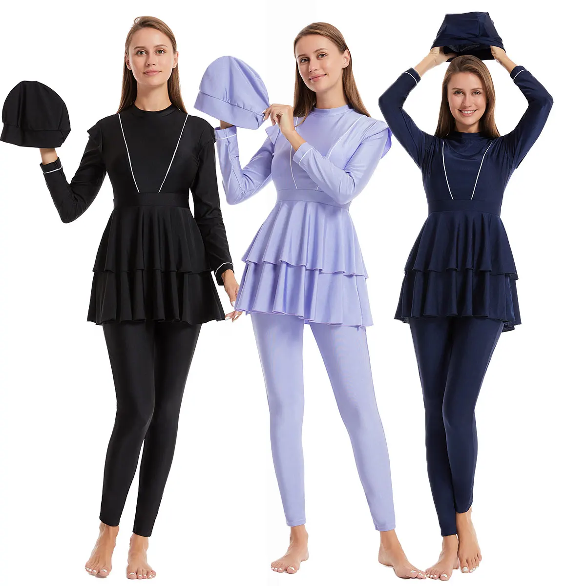 S-3XL Modest Islamic Muslim Swimsuit Burkini for Adult Women Ladies Full Cover Solid Color Dress Pants Hijab Quick Dry Ruffles