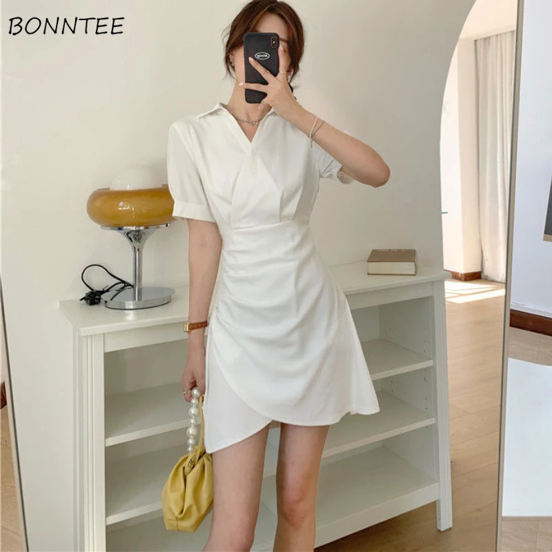 Dresses Women Solid Folds Design Ulzzang Teens Lovely Sundress Summer High Waist Holiday All-match Streetwear Schoolgirls Chic