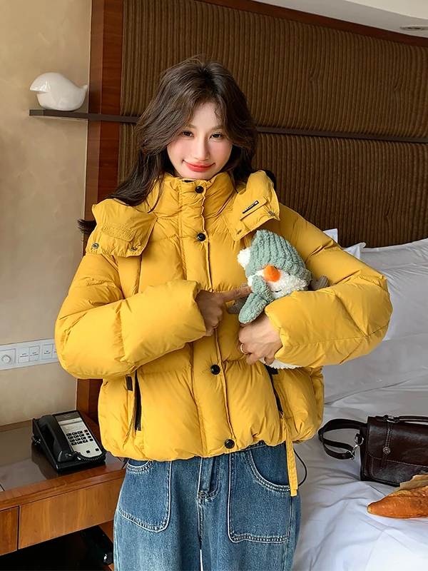 

Желтый пуховик с капюшоном для женщин, зимняя модная корейская теплая толстая верхняя одежда, пуховик-«хлеб», теплая куртка для девочек