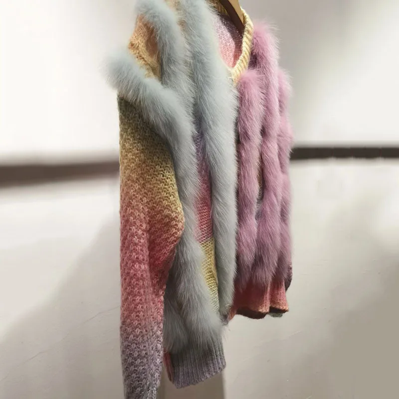 2024 Fall Knitted Cardigan Real Fox Fur Woven Coats Fashion Rainbow Gradient Colors Women Full Sleeve Loose Cardigan Sweater