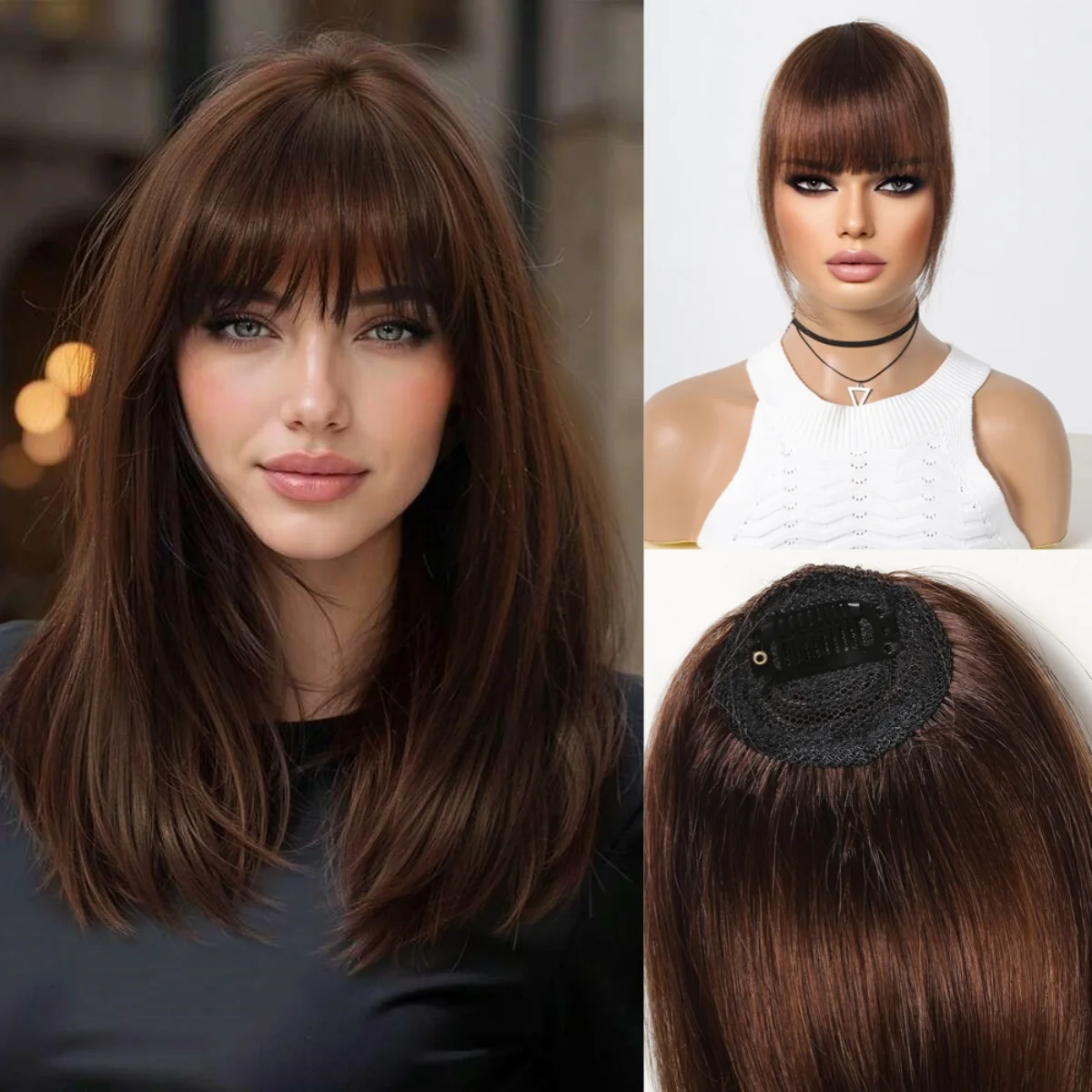 

Темно-коричневые человеческие волосы для женщин, заколка для челки, бахрома с висками, заколки для наращивания волос, повседневная одежда