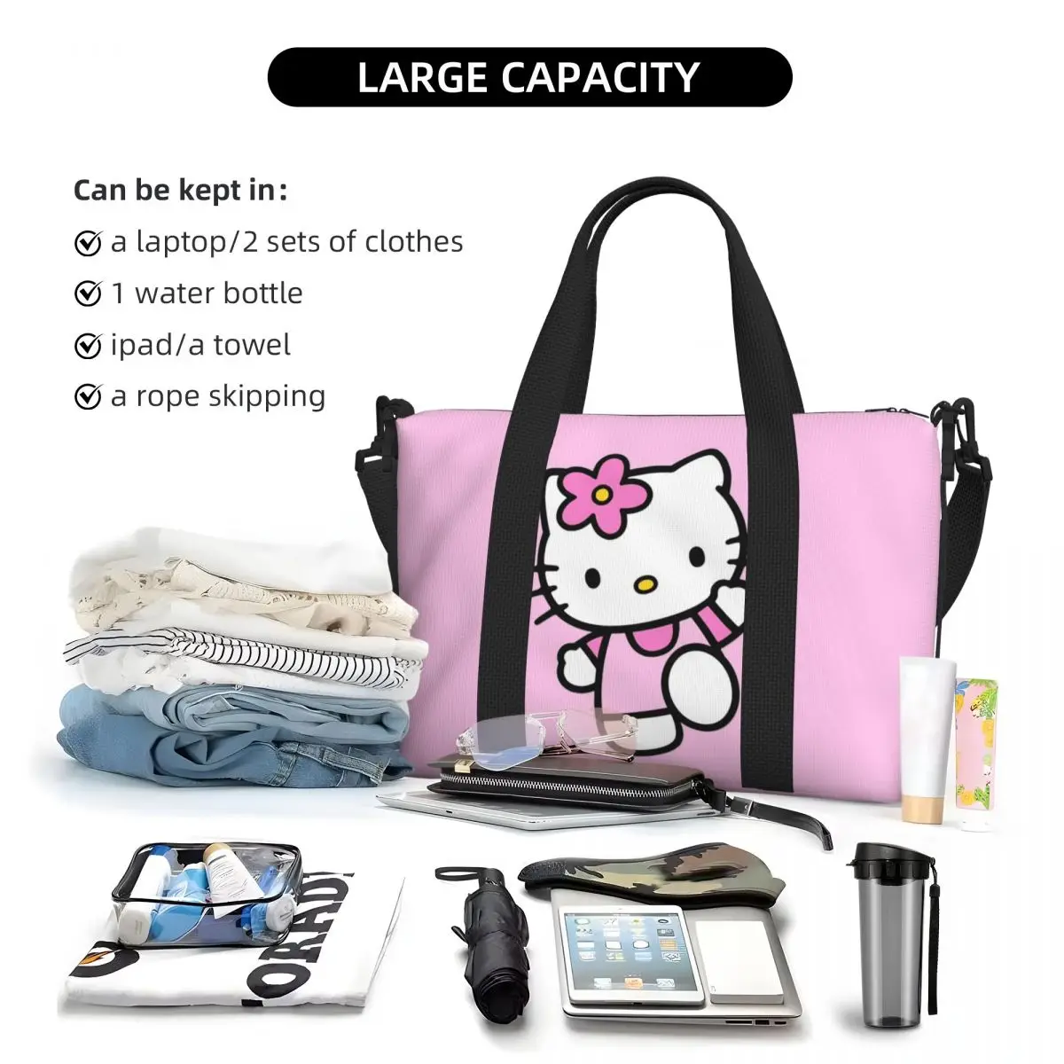 Custom Large Hello Kitty Cartoon Tote Bag for Women Kitty White Shoulder Shopping Beach Gym Travel Bag