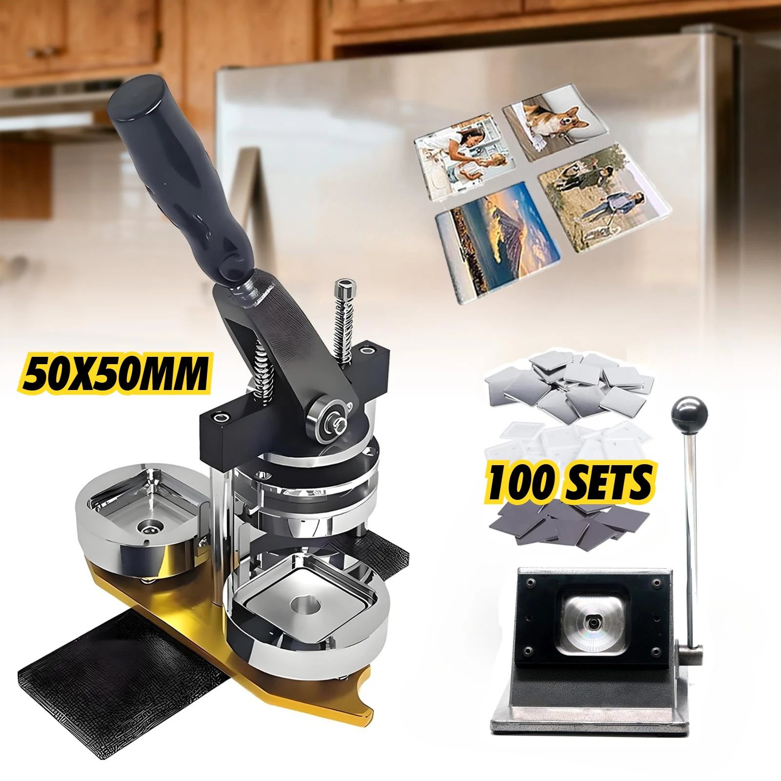 50mm/2inch Square Fridge Magnets Maker Machine Rotating Manual Photo Badge Maker DIY Button Maker Kit for Business Home Office