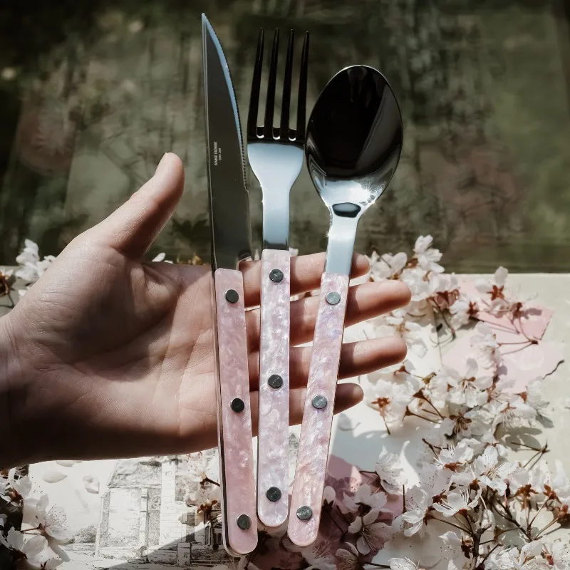 1PC Cherry Pink Flow Coating Stainless Steel Spoon Fork Retro Pastoral Tableware With Starry Oil Painting Design