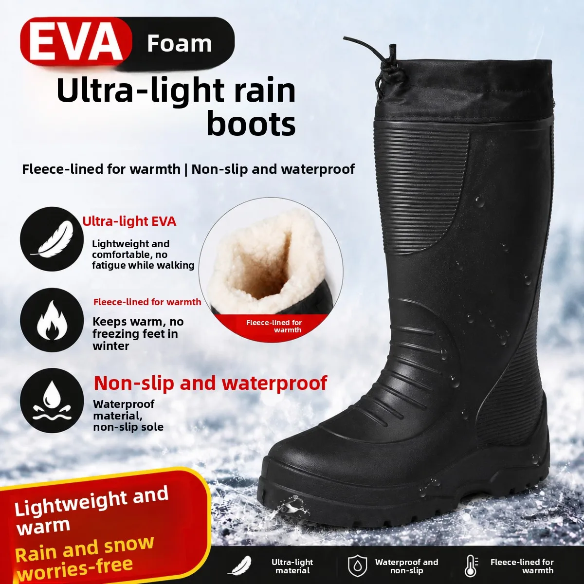 Men's Thickened Cotton EVA Foam Rain Boots Ultra Lightweight Cold Resistant Slip Resistant Oil Resistant for Fisheries And Co...