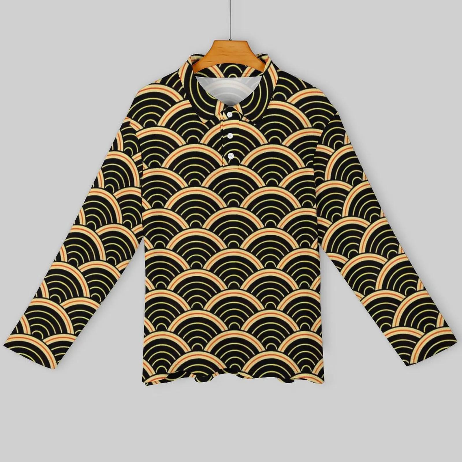 Japanese Seigaiha Casual Polo Shirts Gold Kanagawa T-Shirts Long Sleeve Custom Shirt Autumn Fashion Oversize Tops Gift