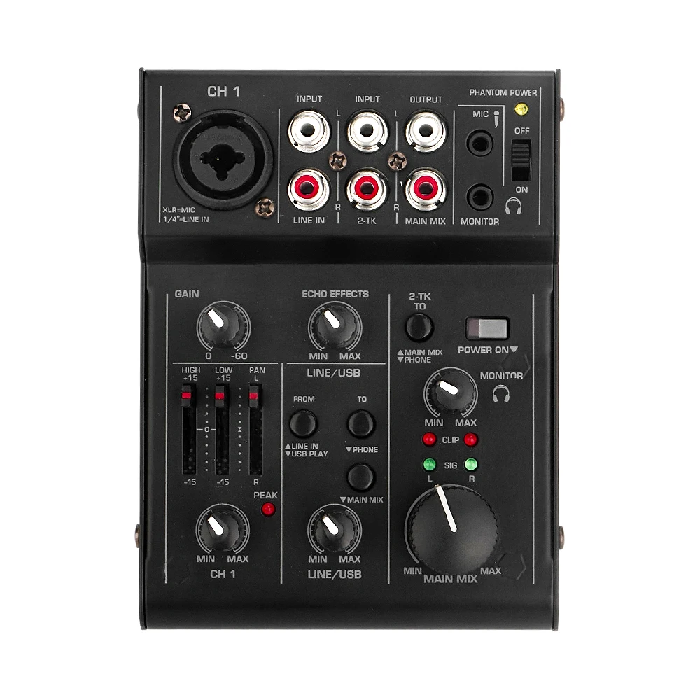 Mini mixer 5 channel Mic-Line mixer built-in echo effect digital audio live singing recording sound card mixer USB Powered